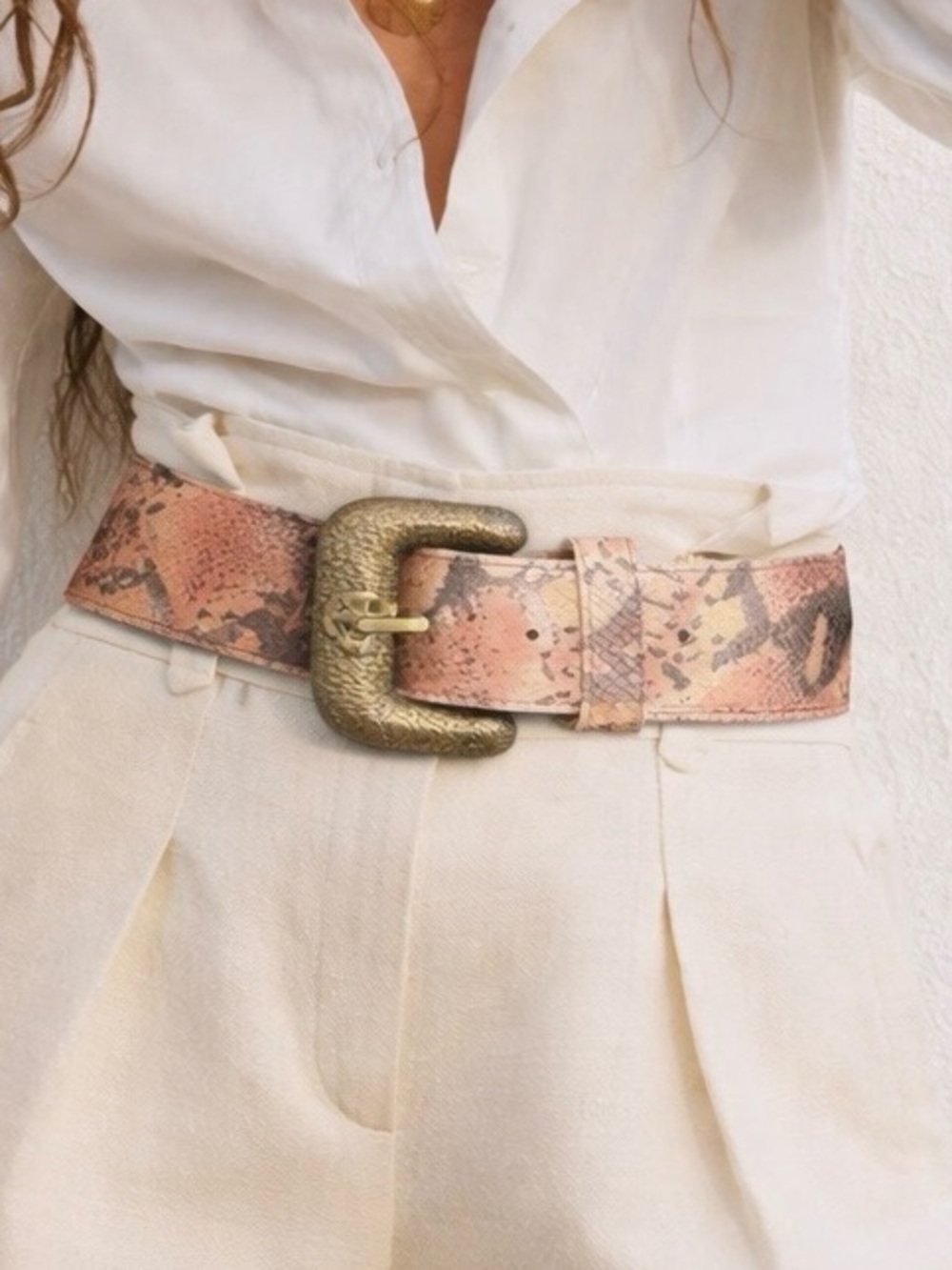 Vintage 🇨🇦 Multi Coloured Python Statement Belt With Sculptural Buckle